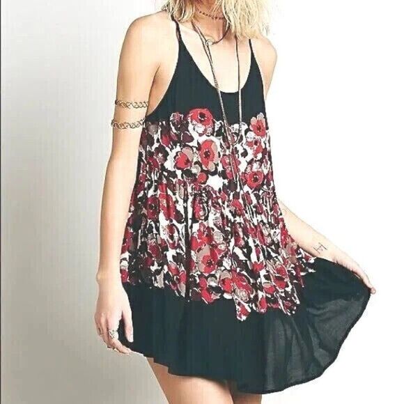 Intimately Free People Black Floral Strappy Back Mini Dress Swing Tank sz XS - Picture 1 of 8
